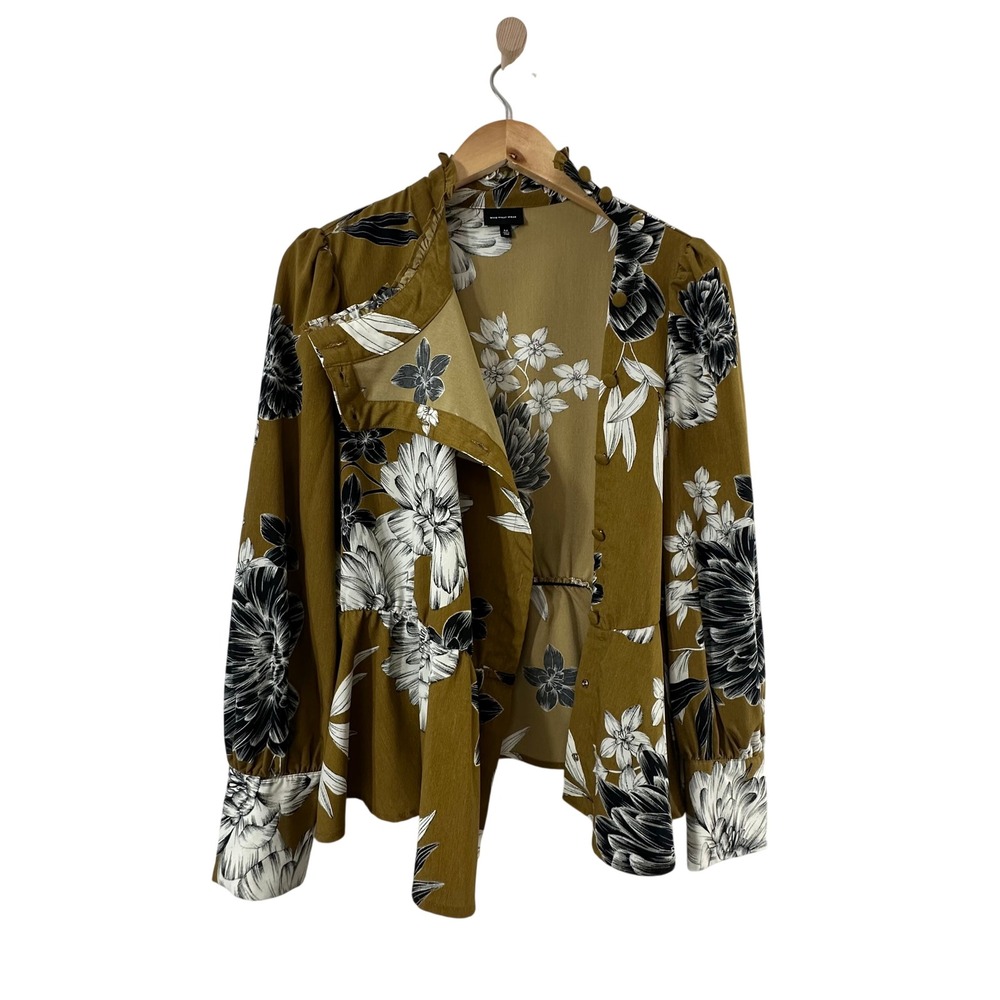 Who What Wear Womens Floral Mock Neck Peplum Blouse Mustard Yellow Black Size M - Picture 4 of 8